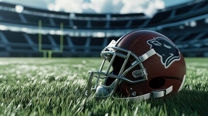 A football helmet and football placed on freshly mowed grass, with stadium bleachers looming in the background, creating a sports-themed atmosphere.