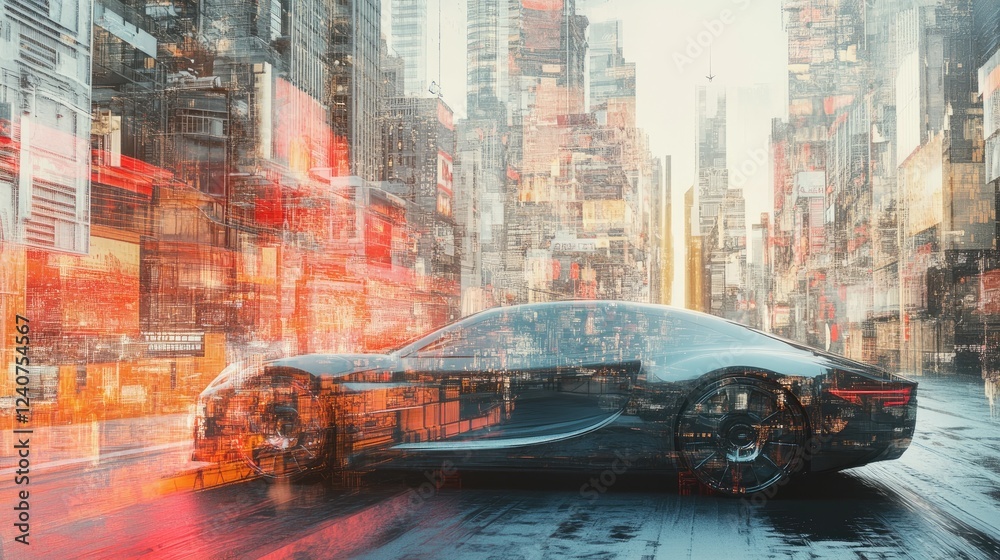 Poster a futuristic car with transparent sections, blending advanced technology and urban cityscape in a di