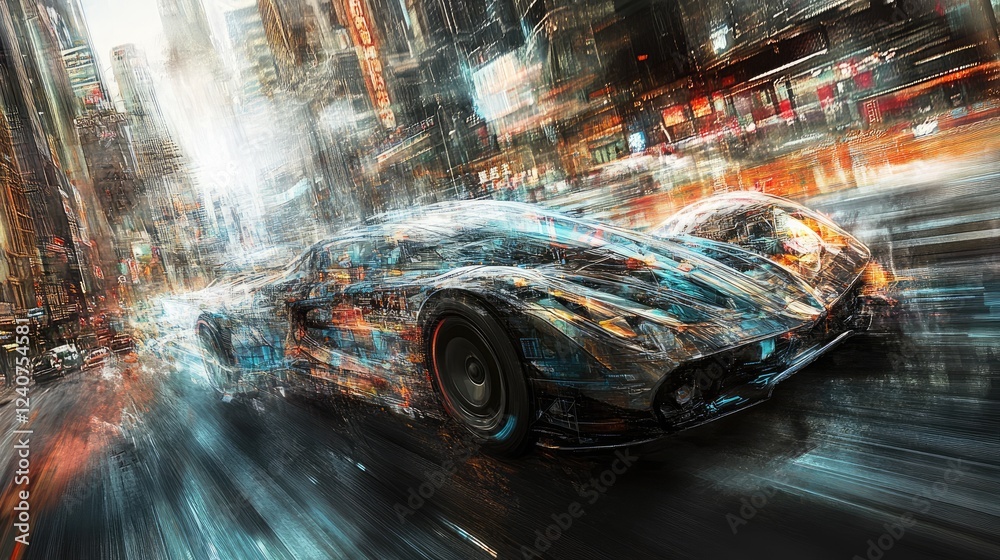 Aufkleber a futuristic car with transparent sections, blending advanced technology and urban cityscape in a di