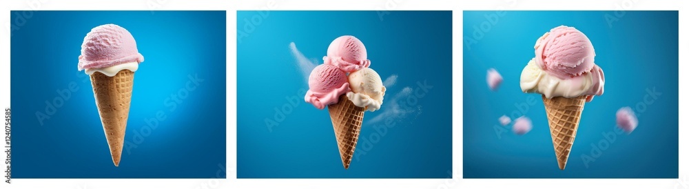 Poster three ice cream cones against a blue background showcase a single scoop, a double scoop, and a melti