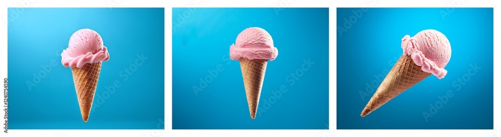 Poster three pink ice cream cones on a blue background. the cones are in different positions, showing varia