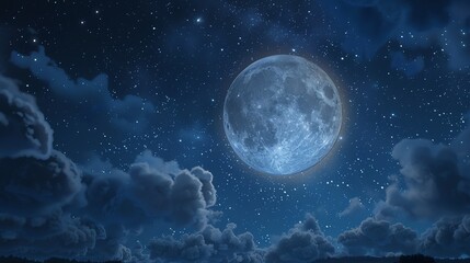 A full moon shines brightly in a dark, starry night sky.