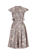 A vintage-style beige dress with a black leaf pattern, featuring ruffled sleeves and an A-line...