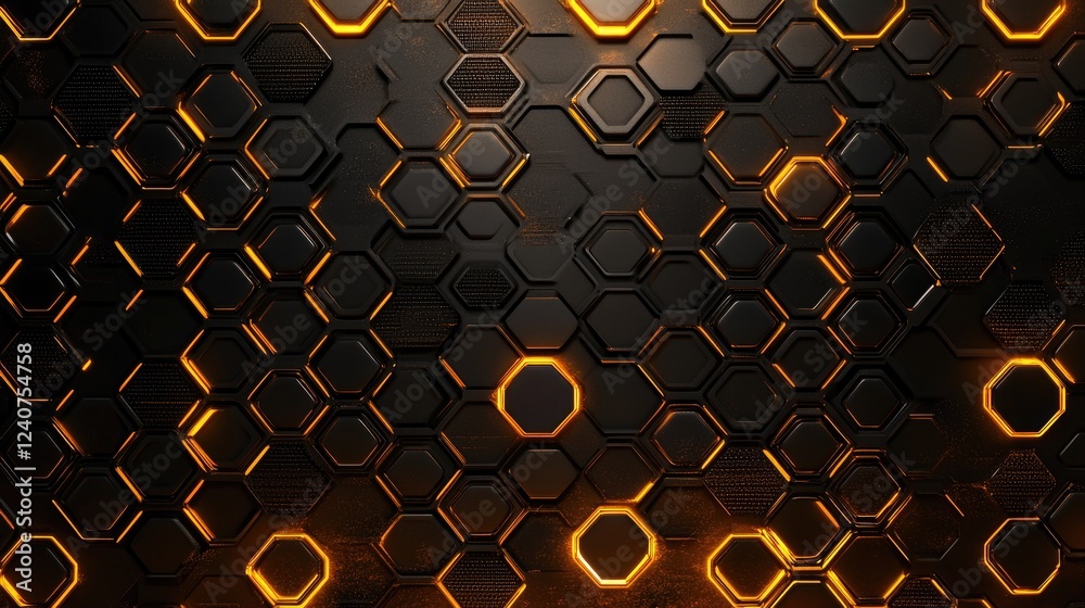 Poster A futuristic D-shaped hexagonal pattern with illuminated edges, offering a sleek, modern design for digital themes.