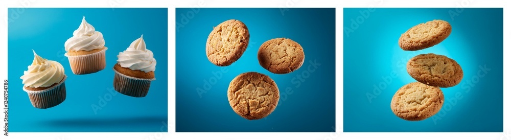 Poster three images showcase delectable cupcakes and cookies against a vibrant blue backdrop. the treats ap