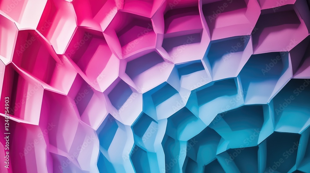 Poster A futuristic design of hexagonal shapes in cyan and magenta, arranged in a gradient to create a layered, dynamic effect.