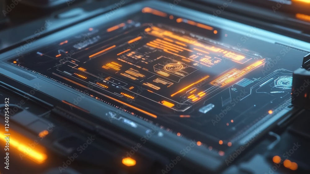 Poster futuristic digital interface with neon elements and data display