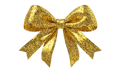 Gold silk bow isolated on a white background, a realistic photograph. 