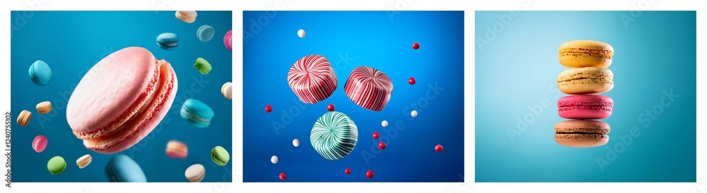 Poster vibrant macarons in various colors float against a bright blue backdrop. some are single, others sta