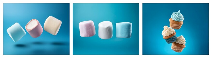 A vibrant image showcasing pastel-colored marshmallows and cupcakes floating against a teal backdrop.  Sweet treats in mid-air.