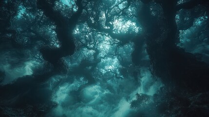 Dark forest canopy, mystical light, digital art, game background