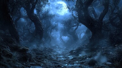 Obraz premium Moonlit forest path, mystical night scene, game background