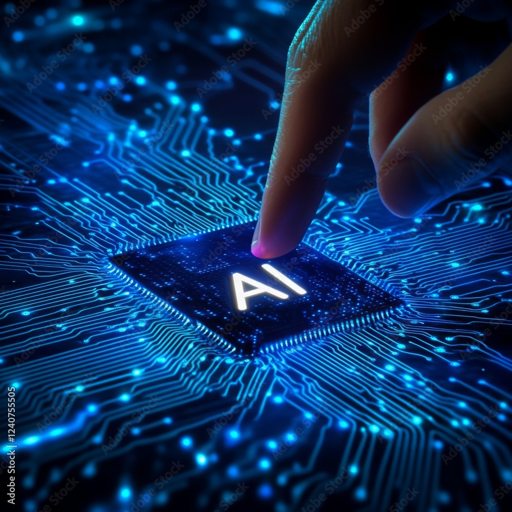 Leinwandbilder a hand touches a glowing microchip labeled 