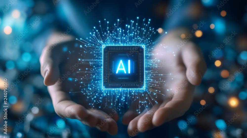 Fototapete A glowing AI chip is held between two hands, symbolizing innovation and technology in artificial intelligence.