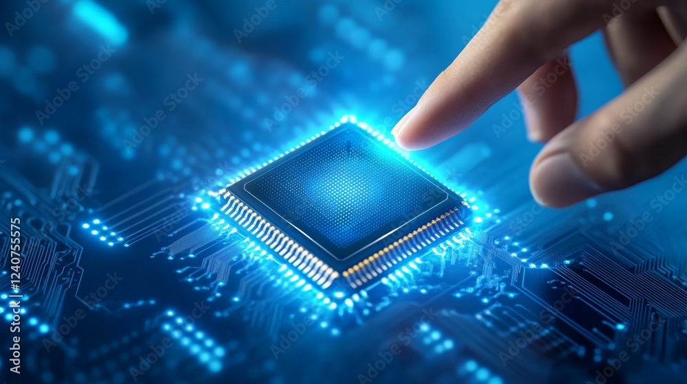 Leinwandbilder a close-up of a hand touching a glowing microchip, symbolizing technology and innovation in computin