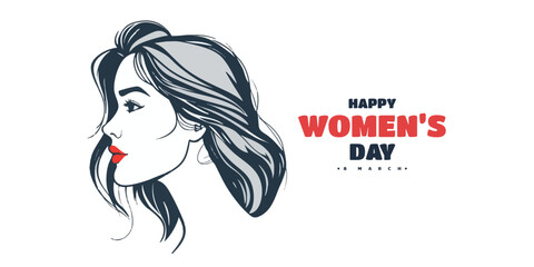 A happy wamen's day wishes or greeting card banner or poster design  silhouette, womens rights, equality, girls, template, with women face, stylish hair Vector illustration clip art  advertising, 