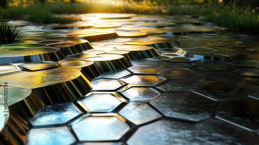 Poster a futuristic scene with d-shaped hexagonal patterns, metallic reflections, and vibrant highlights, c