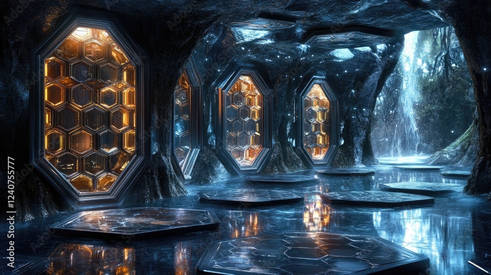 Poster a futuristic scene with d-shaped hexagonal patterns, metallic reflections, and vibrant highlights, c