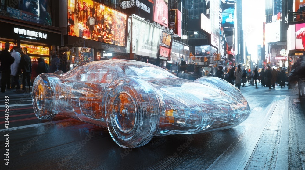 Poster a generative ai creation of a futuristic car, featuring transparent parts and set against a bustling