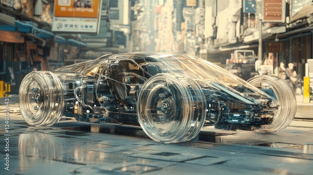 Poster a generative ai creation of a futuristic car, featuring transparent parts and set against a bustling