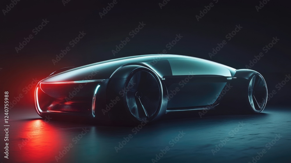 Poster A generative AI-created holographic car on a dark backdrop, with illuminated features and a sleek, futuristic design.
