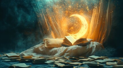 Bedtime fantasy Book open on bed, moonlit night, storybook background