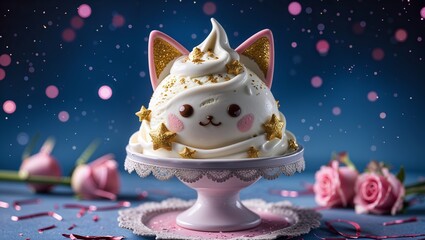 Cute cat shaped cake with golden ears stars sprinkles pink roses blue background