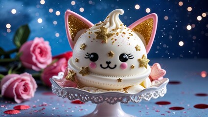 Cute Kitty Cream Dessert with Pink Roses on Cake Stand Romantic Celebration Style