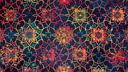 Colorful floral pattern with intricate designs on a dark background, suitable for textiles or wallpapers