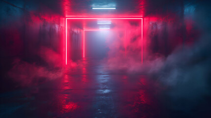 Neon Corridor Futuristic Smoke, Pink Light, SciFi Retro Night Design.