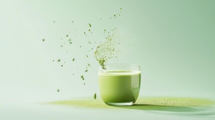 A glass of smooth matcha tea sits on a green background, with sprinkles of matcha powder adding a minimalist touch to the serene scene.