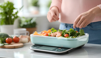 Naklejka premium Healthy diet plan for weight loss, daily ready meal menu. Close up Woman weighing lunch box cooked in advance,ready to eat on kitchen scale. Balanced portion with healthy dish. Pre-cooking concept