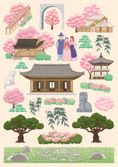 벚꽃이 만개한 정원이 있는 한옥의 풍경. 스티커용 템플릿 디자인	
