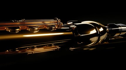 Naklejka premium A golden alto saxophone illuminated by a spotlight, casting soft reflections on a glossy black surface, showcasing its exquisite craftsmanship and design.