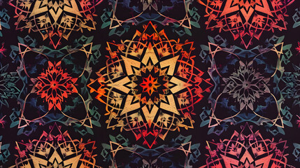 Colorful geometric pattern featuring intricate star shapes on a dark background, ideal for textiles