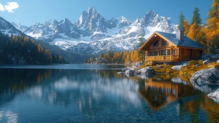 Fototapeta premium Alpine lake cabin, autumn, mountains, reflection