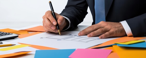 A professional hand writing notes on paper surrounded by colorful sheets and a calculator, indicating organization and planning.