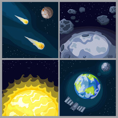Naklejka premium Space Collage with Asteroids, Moon, Sun, and Earth