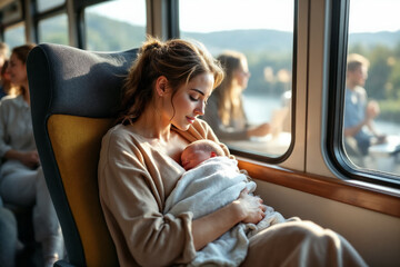 Mother cradles her baby on a train journey through picturesque landscapes during daylight