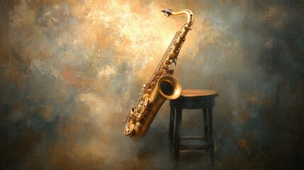 Naklejka premium A golden saxophone leaning on a stool, bathed in soft light with fog swirling around it, creating a serene and atmospheric mood in the studio