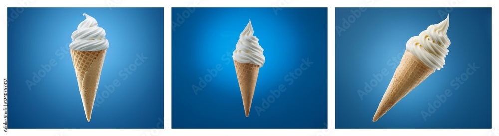 Poster Triple image of soft serve ice cream cones against a blue background.  The cones vary slightly in size and swirl.