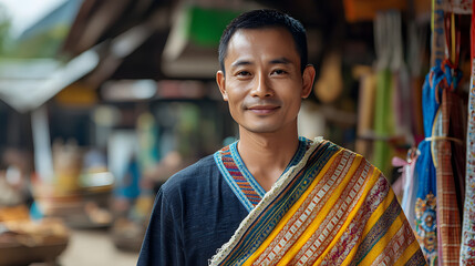 A man in a traditional Thai chong kraben, a garment that represents Thai culture and modesty in Southeast Asia.
