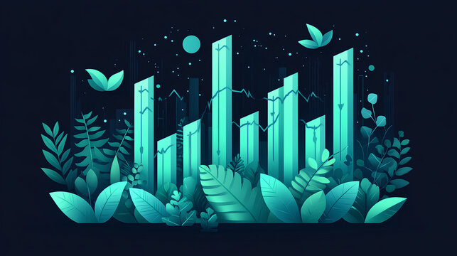 Paper art-style illustration of a green stock market graph going up, surrounded by leaves and plants on a dark background, in a minimalistic style. 