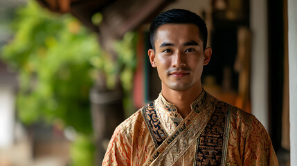 A man in a traditional Thai chong kraben, a garment that represents Thai culture and modesty in Southeast Asia.