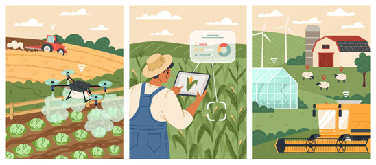 Modern agricultural practices are illustrated with a tractor tilling soil, a farmer monitoring crops with tech tools, and a drone inspecting fields for optimal yield and health. Vector set