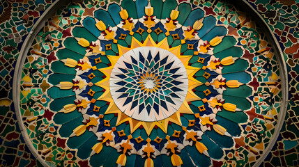 Intricate geometric pattern of vibrant tiles in a cultural landmark, showcasing artistry and tradition