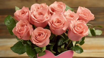 Obraz premium A Heartwarming Bouquet: Delicate Pink Roses Arranged in a Heart-Shaped Box, Accented with a Chocolate Heart, Perfect for Valentine's Day or Any Occasion to Express Your Love and Affection