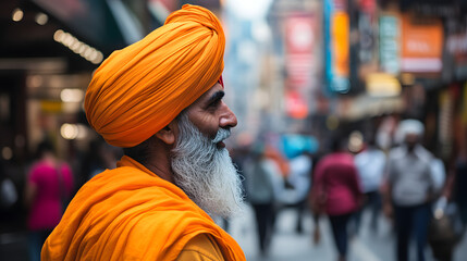 Naklejka premium A man wearing a Sikh turban with a bright orange color, showcasing his proud Sikh heritage and religious identity.