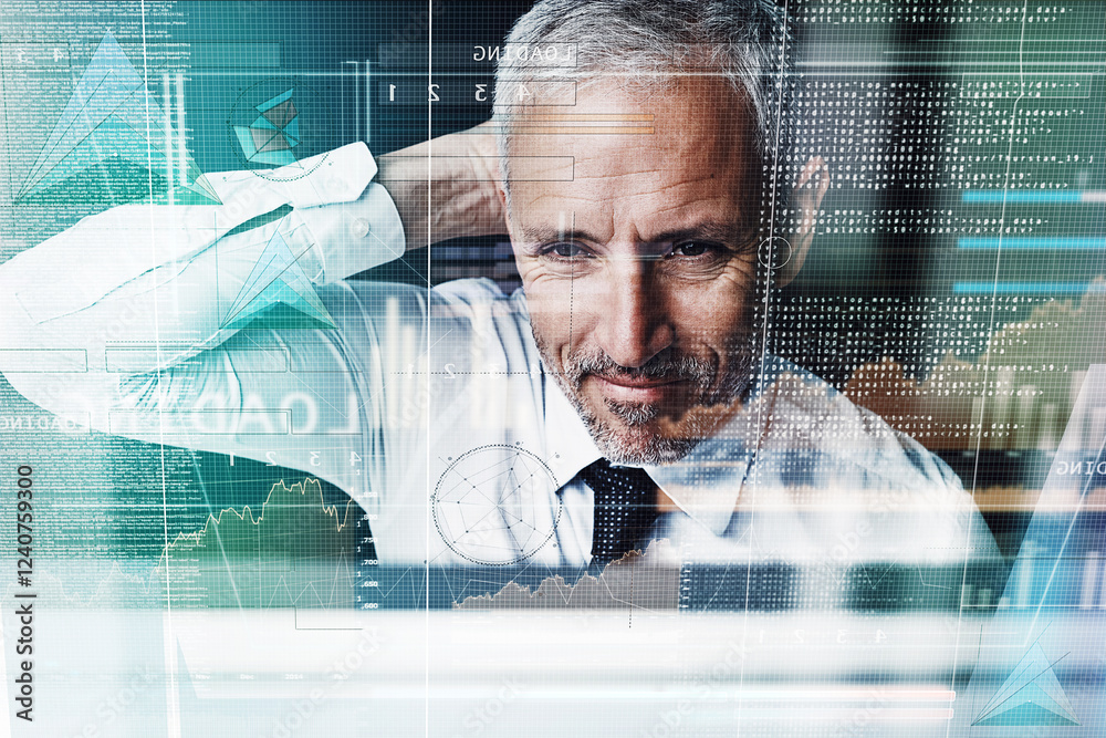 Poster business man, thinking and overlay for code, confused and problem solving with hologram at job. matu