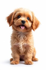 Adorable fluffy golden puppy with tongue out on white background